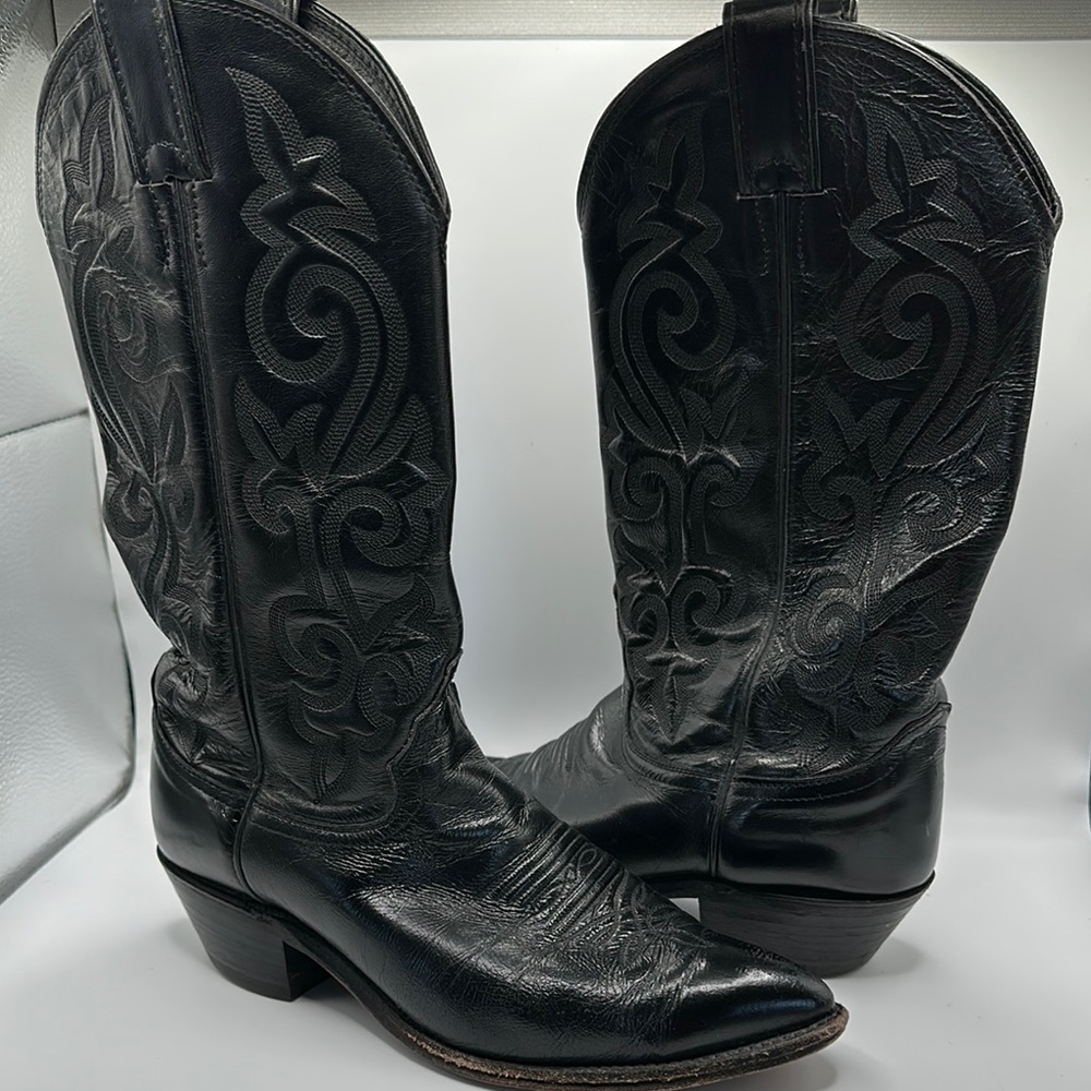 Justin Sz 9 Black Western Cowboy Boots with Embroidered Shaft - Picture 2 of 12